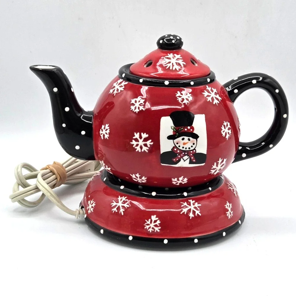 VINTAGE 2004 Red & Black Ceramic Snowman Teapot with Warmer